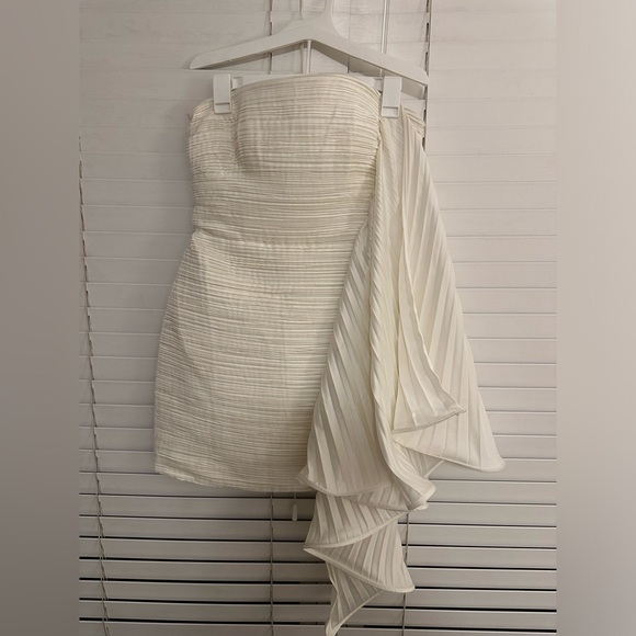 AMUR Pleated Ruffle Satin Strapless Mini Dress